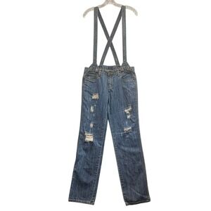 Litz‎ Women's Distressed Denim Overalls Jeans Adjustable Straps Pockets Size 27